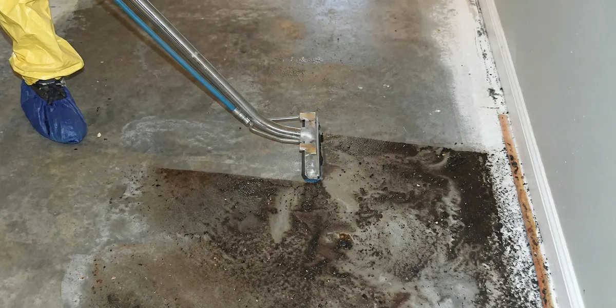 sewage removal technicians extracting contaminated wastewater from a residential floor in Arlington, TX